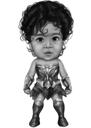 Caricatură de copil cu supererou în stil monocrom pe tot corpul, personalizat din fotografii