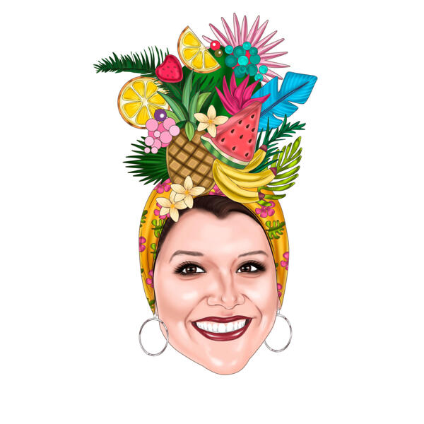 Žena v ovocném klobouku na zakázku karikatura v barevném stylu jako logo kuchařky