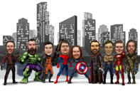 Karikaturtegning af superheltegruppe