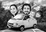 Melnbaltā stila karikatūra par ģimeni autobusā, kas zīmēta no fotoattēliem