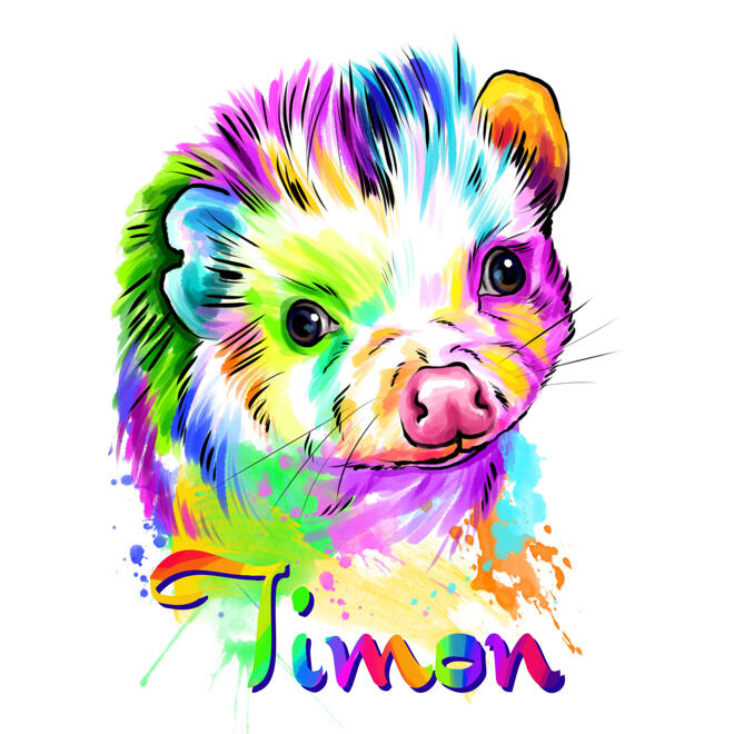 Retrato de desenho animado de ouriço personalizado em estilo aquarela arco-íris da foto