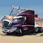 Pārspīlēta kravas automašīnu karikatūra krāsainā stilā ar pielāgotu fonu