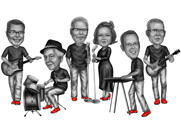 Music Performance Group Cartoon Portrait in Black and White Style