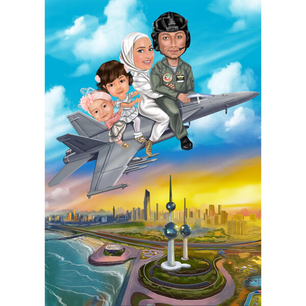 Familie op militaire vliegtuigkarikatuurtekening met stadsachtergrond