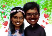 Presente de caricatura de casal com ornamentos florais em fundo colorido