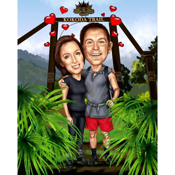 Pár pěší turistiky v karikatuře stezky