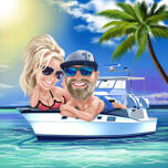 Caricatura de casal se bronzeando no barco