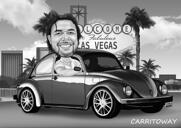 Persoon in autokarikatuur in zwart-witstijl met Las Vegas-achtergrond