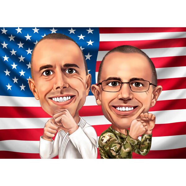 Två personers karikatyr i färgstil med flaggabakgrund