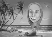 Özel Arka Plan Üzerinde Siyah Beyaz Tarzda Elle Çizilmiş Deniz Kızı Karikatürü