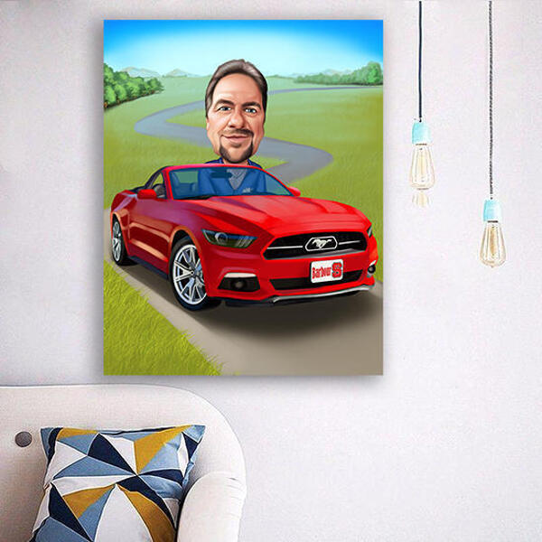 Gedrukte karikatuur op canvas - man in auto, handgetekend van foto
