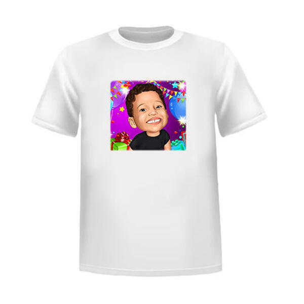 Cadeau de caricature d'anniversaire joyeux enfant sur T-shirt dans un style coloré à partir de photos