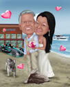 Par med kæledyr på ferie i farvet karikatur Håndtegnet fra foto