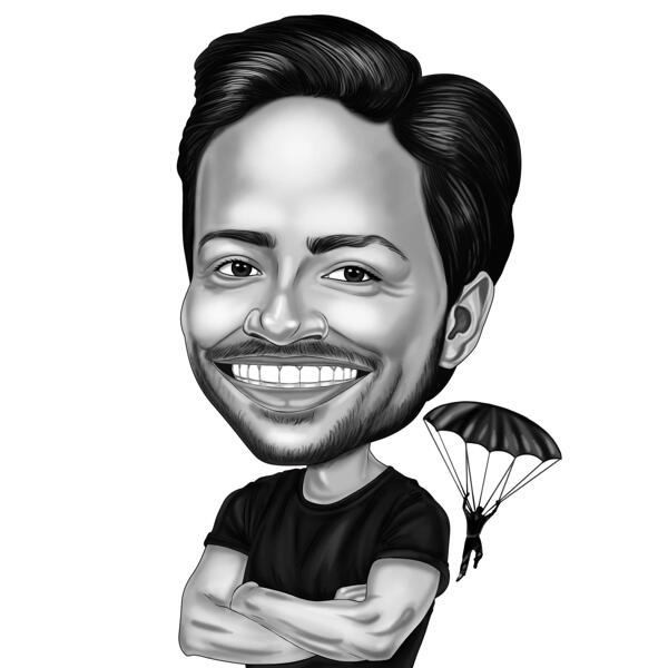 Skydiver Caricature in Funny Exaggerated Black and White Style