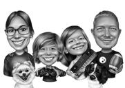 Caricatura di famiglia con animali domestici in stile esagerato