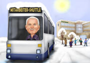 Kohandatud bussijuhi karikatuurkingitus värviliste fotode taustaga