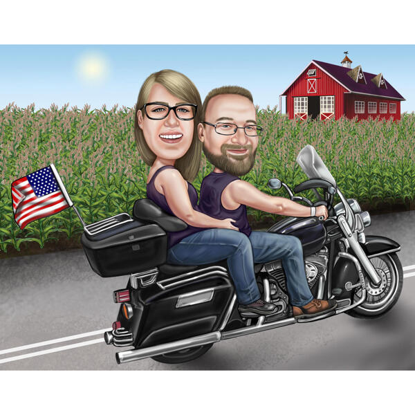 Caricatura de casal em motocicleta Harley-Davidson com plano de fundo