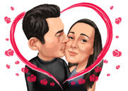Kiss Me - Couple Colored Caricature with Hearts and Butterflies Background