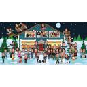 Gruppen-Weihnachtskarikaturkarte mit Gebäudehintergrund