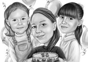 Caricature de groupe de classe en noir et blanc : enfants avec dessin de l'enseignant
