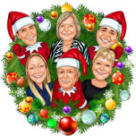 Caricature de groupe de Noël dans une guirlande de Noël