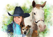 Memorial Portrait of Owner with Pets in Watercolor Style