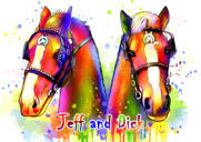 Акварельный портрет двух лошадей по фотографиям
