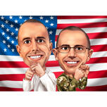 Карикатура на двух человек в цветном стиле на фоне флага