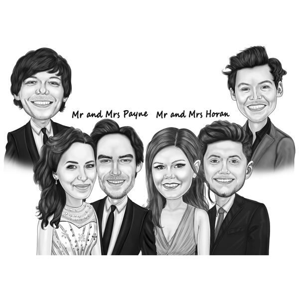 Caricatura de grupo de celebridades famosas de fotos en estilo digital en blanco y negro