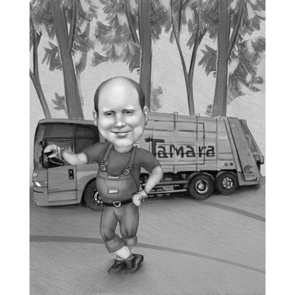 Kaubaveoautojuhi meeste karikatuur kogu kehatüübis ja mustvalges stiilis