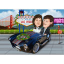 Caricatura de cuplu aniversară în mașină și fundal personalizat