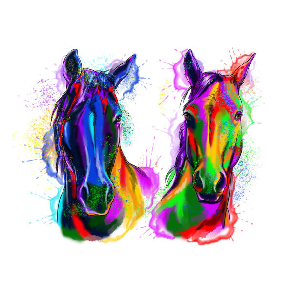 Divu zirgu akvareļu portrets no fotogrāfijām