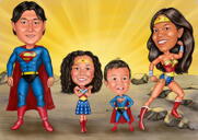Семья супергероев с двумя детьми. Карикатура из фотографий на таинственном ночном фоне