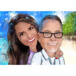 Caricatura de casal em aquarela na praia