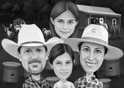 Eltern mit Töchtern Karikatur im Schwarz-Weiß-Stil mit Haushintergrund