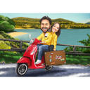 Pāris, kas ceļo ar motociklu, krāsaina karikatūra ar pielāgotu fonu