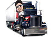 LKW-Fahrer-Karikatur im Farbstil auf benutzerdefiniertem Hintergrund