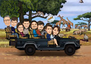 Caricatura di cartoni animati di gruppo che viaggia in autobus con sfondo personalizzato