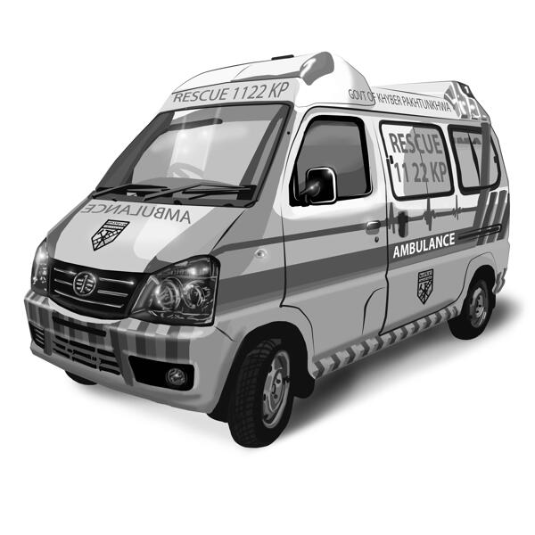 Ambulance karikaturní portrét ručně kreslený v černobílém stylu