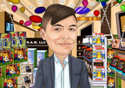 Карикатурное изображение человека в образе представителя продавца по фотографиям