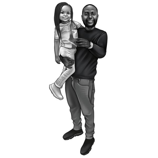 Full Body vader met kinderkarikatuur in zwart-witstijl van foto's