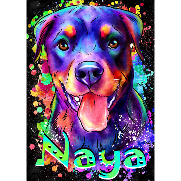 Akvarell Rottweiler porträtt från foton med färgad bakgrund