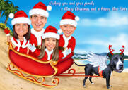 Caricatura de família no trenó do Papai Noel com renas