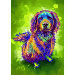 Hundekarikaturportræt i fuld krop i akvarelstil på grøn baggrund