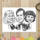 Kreslená karikatura tří osob ve vtipném přehnaném kresleném stylu z fotografií na plakátu