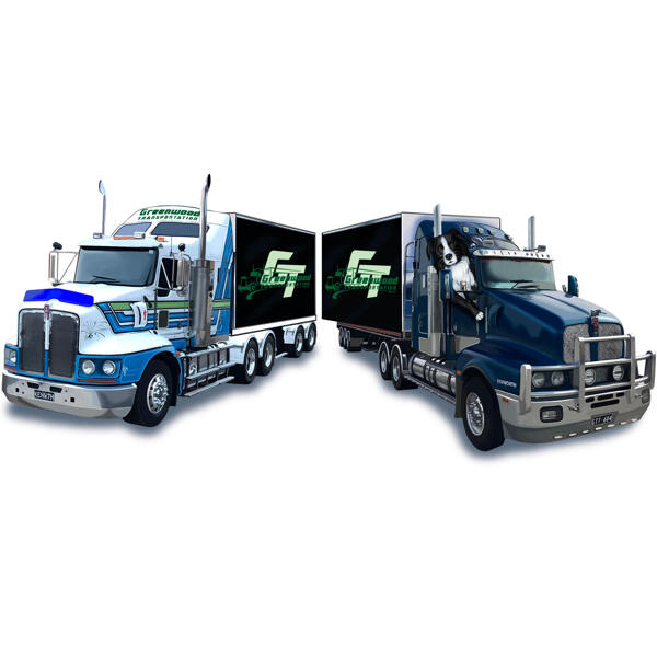 Veoautohaagise karikatuuri logo kujundus värvilises digitaalses stiilis fotost