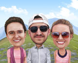 Skupinová karikatura tří osob v barevném stylu s vlastním pozadím