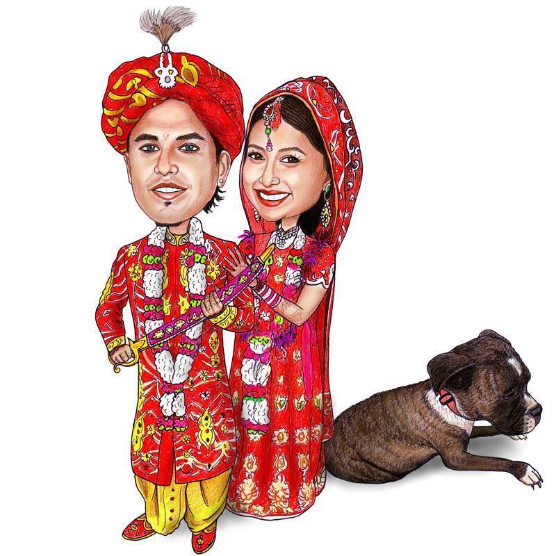 Custom Indian Couple with Pet Full Body Caricature from Photos in Color  Style