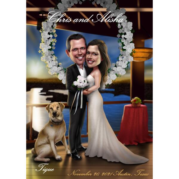 Paar mit Haustier-Hochzeits-Einladungs-Karikatur im Farbstil auf benutzerdefiniertem Hintergrund