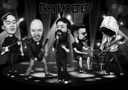 Карикатура участников музыкальной группы в черно-белом стиле с нестандартным фоном